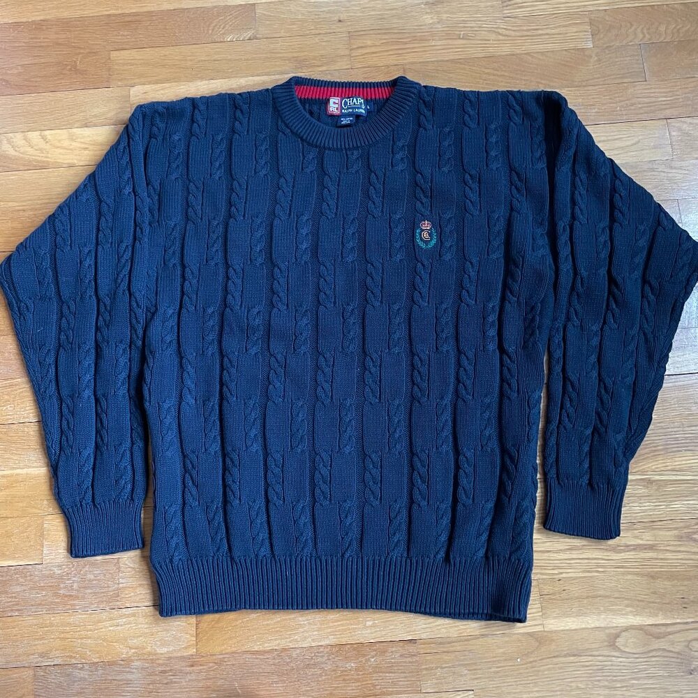 Vtg Chaps Ralph Lauren Sweater Mens L Blue Cable Knit Embroidered Crest Logo - Picture 2 of 11